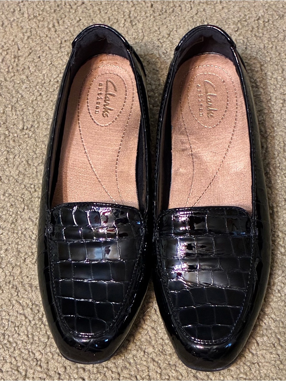 Clark’s Keesha Luca Leather Slip On Loafers Sz 6.5 Croc Embossed Black Anti Slip